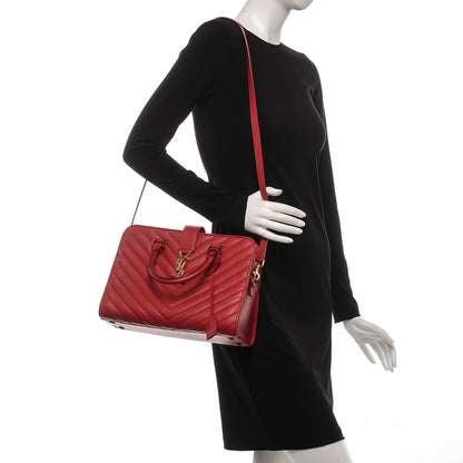 Saint Laurent Calfskin Matelasse Chevron Small Monogram Cabas Lipstick Red 2 of 15