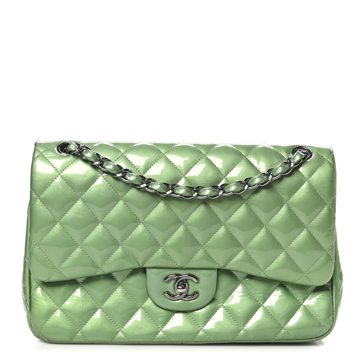 Patent Calfskin Quilted Jumbo Double Flap Green