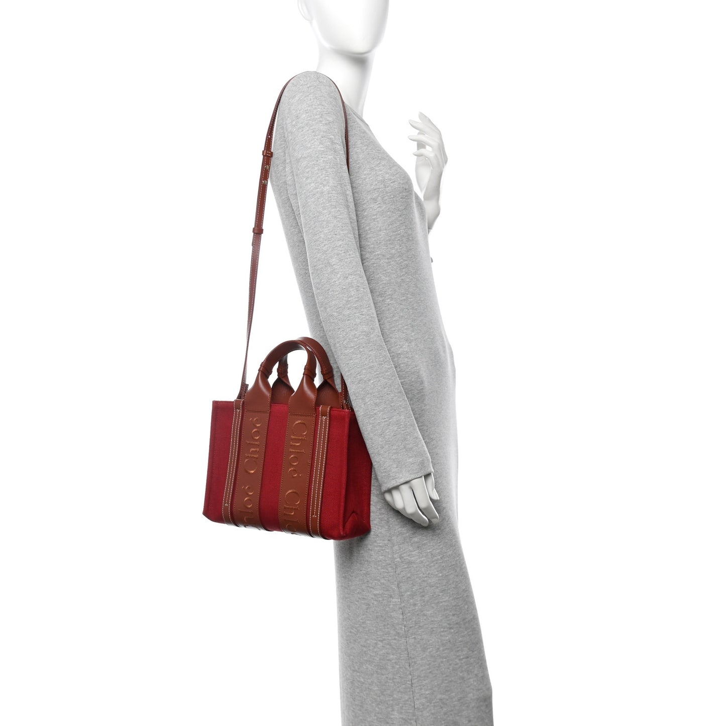 Cotton Calfskin Small Woody Ribbon Tote With Strap Dark Red