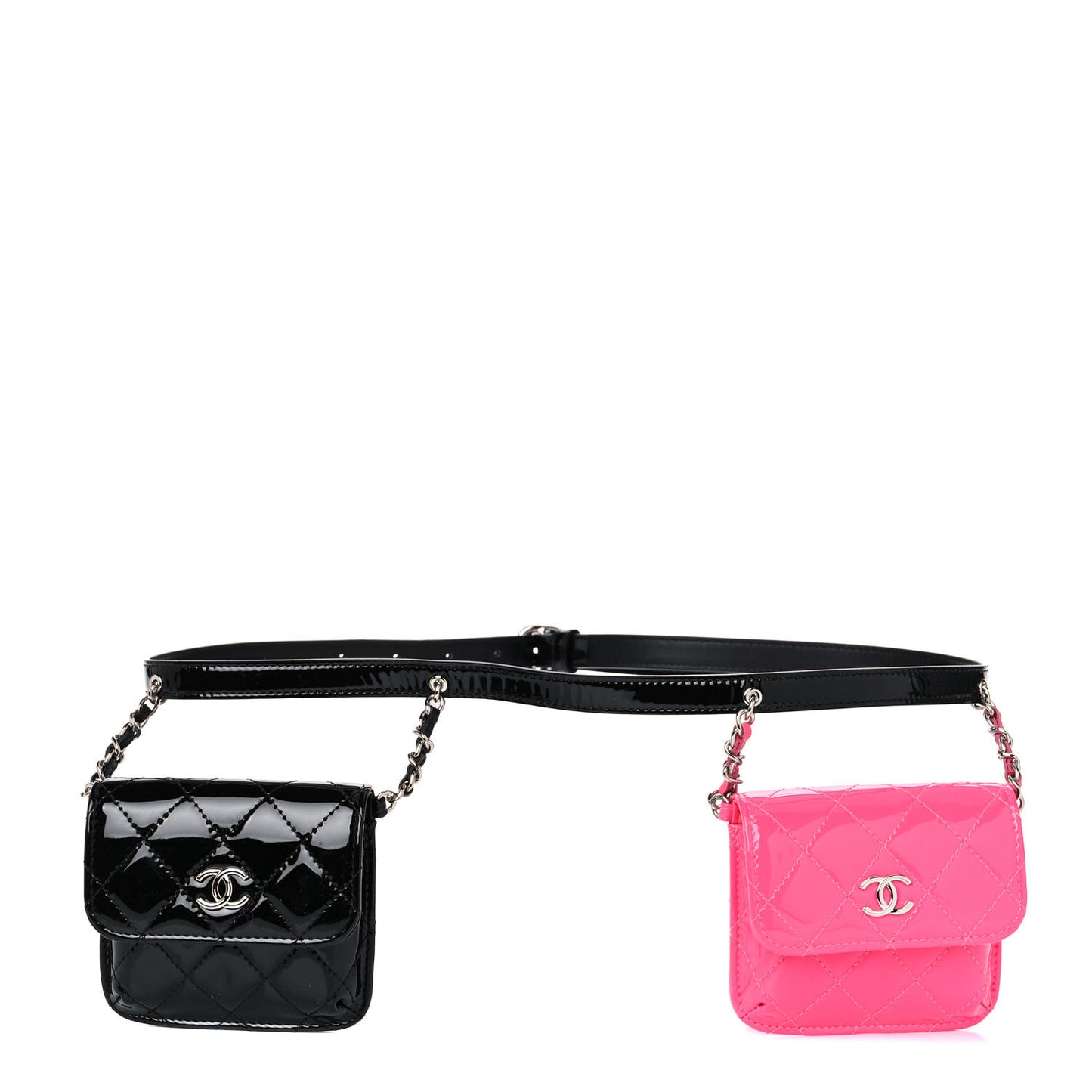 Patent Quilted Belt In Love Double Mini Flap Waist Bag Black Pink