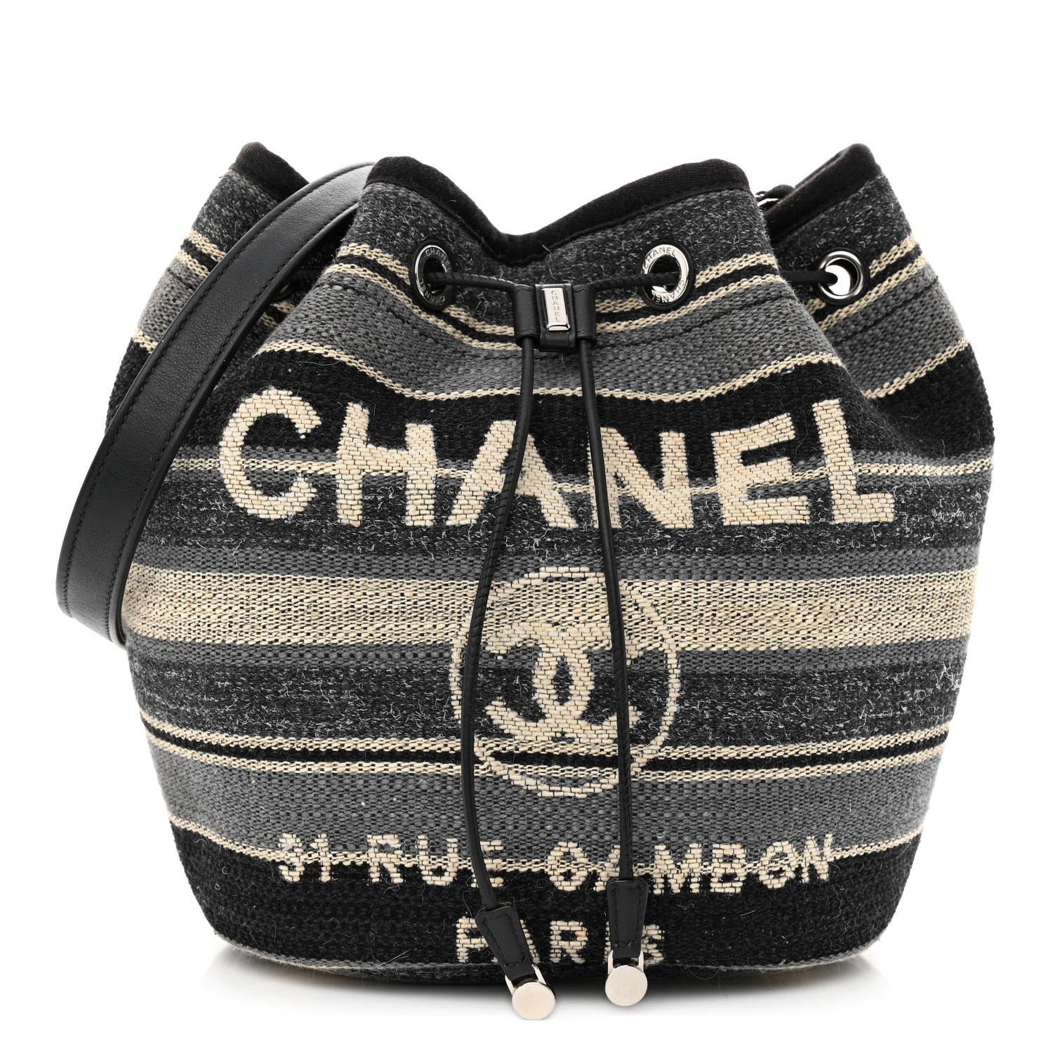 Chanel Striped Canvas Deauville Drawstring Bag Grey Black 1 of 12