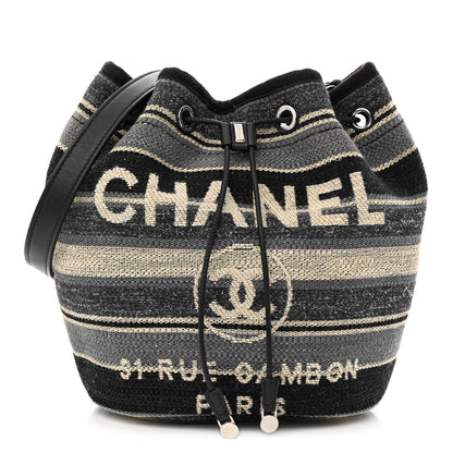 Chanel Striped Canvas Deauville Drawstring Bag Grey Black 1 of 12