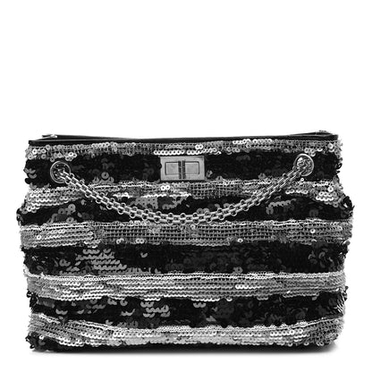 Chanel Sequin Striped Mademoiselle Tote Black Silver 1 of 9