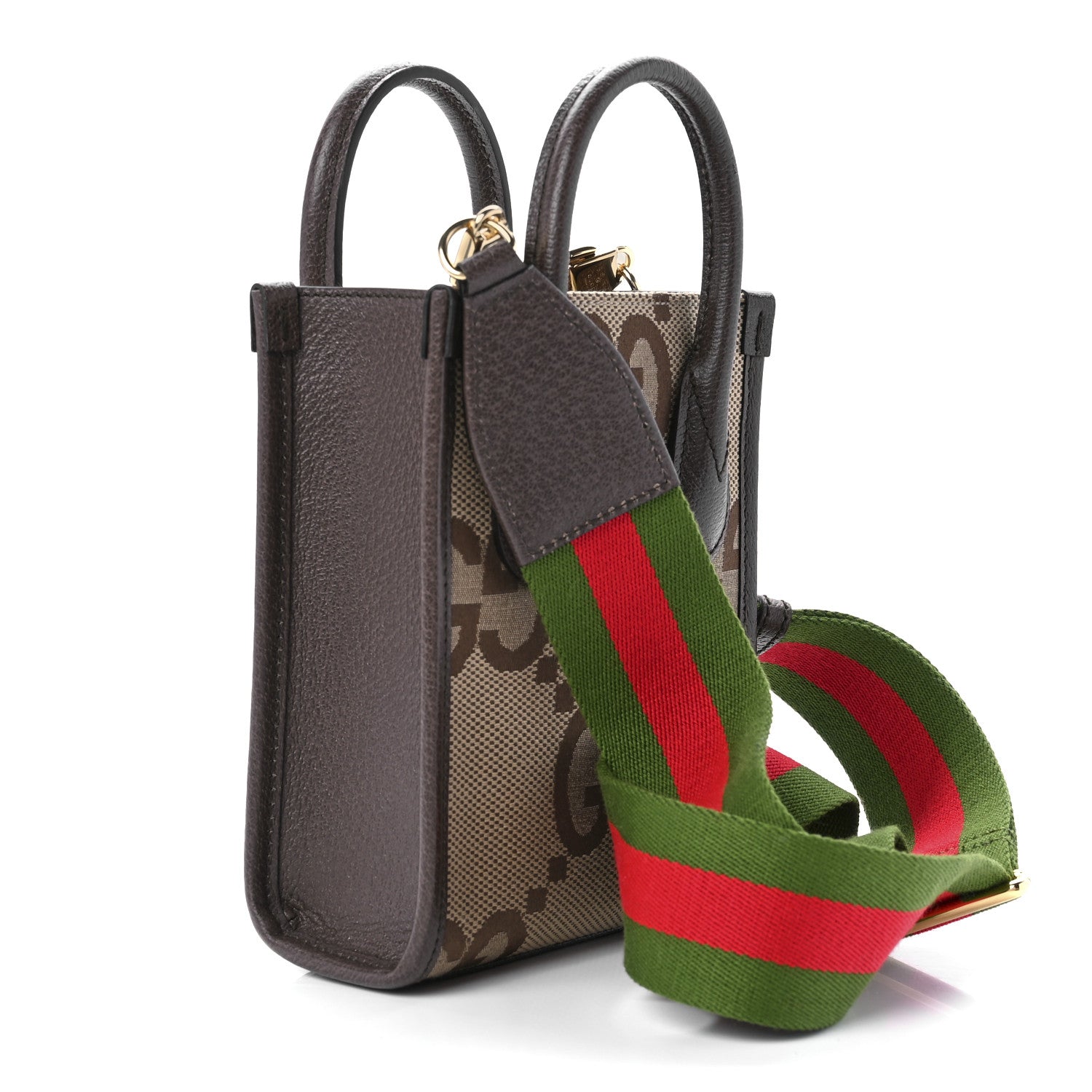 Gucci Monogram Jumbo GG Textured Dollar Calfskin Web Mini Vertical Tote Camel Ebony New Acero 3 of 9