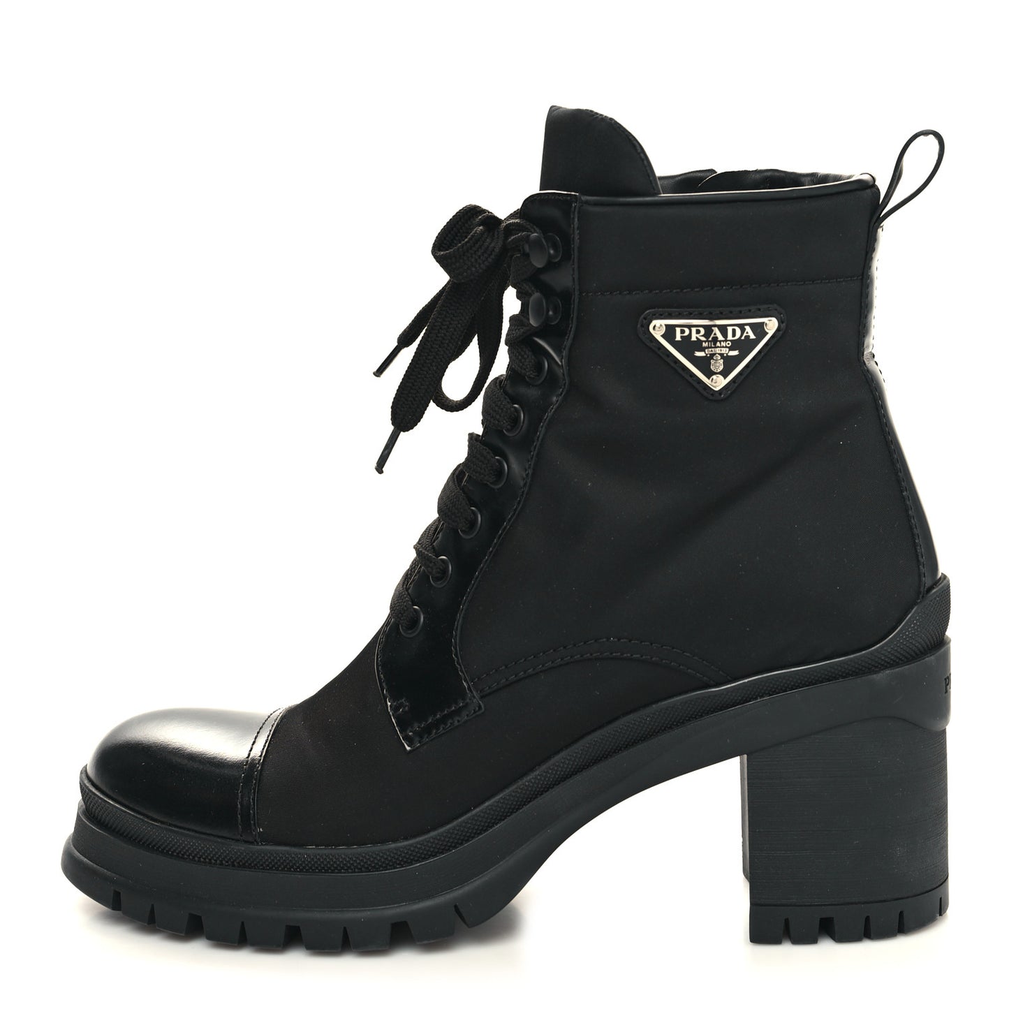 Spazzolato Re-Nylon Metal Triangle Logo Lace Up 55mm Ankle Boots 41 Black