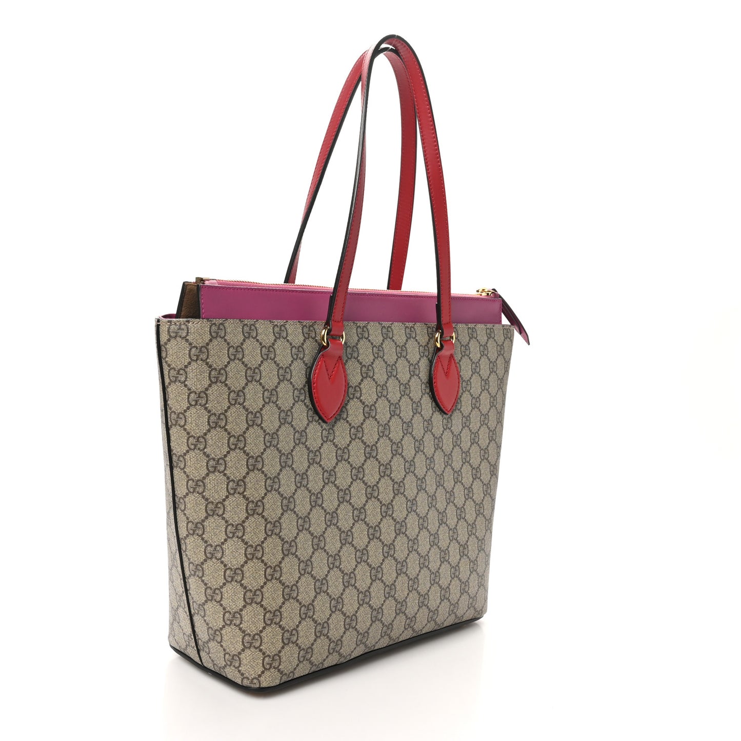 GG Supreme Monogram Medium Zippered Bucket Tote Beige Hibiscus Red New Rosette
