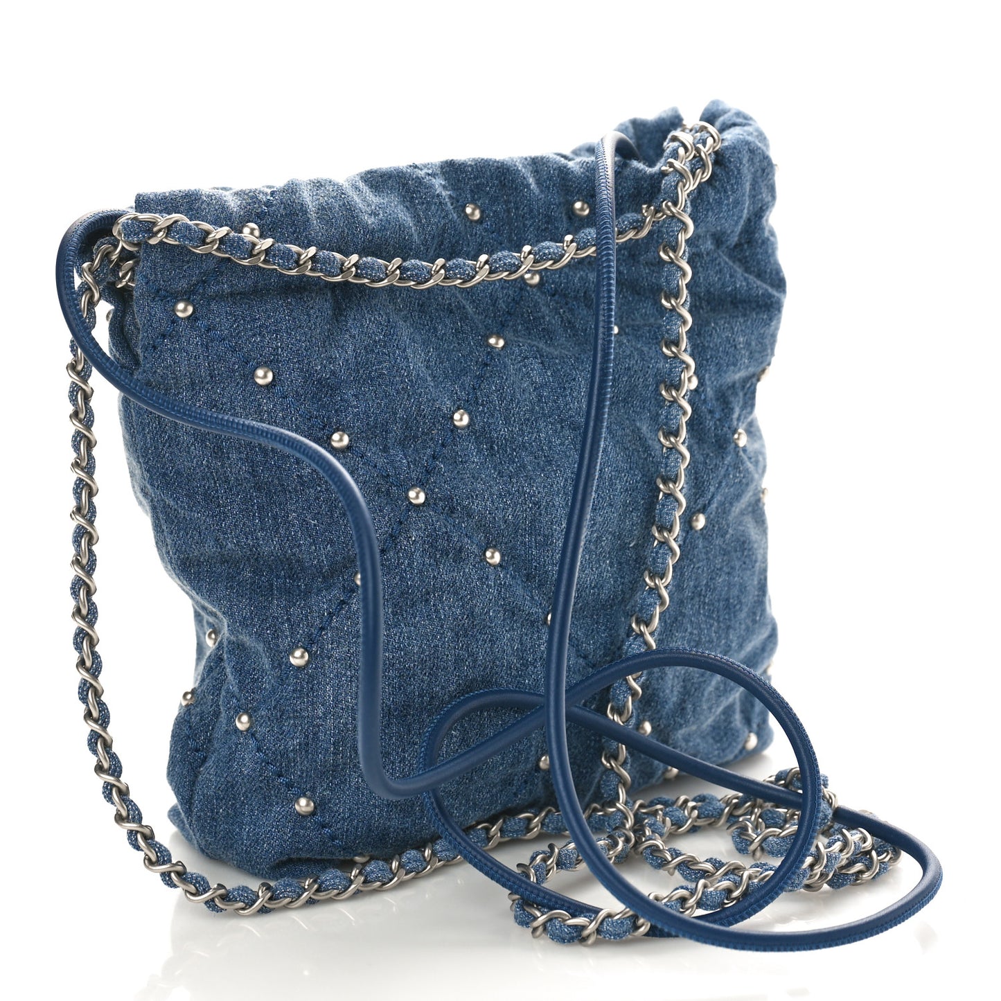 Washed Denim Quilted Studded Mini Chanel 22 Blue