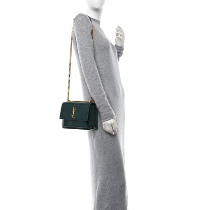 Saint Laurent Calfskin Crocodile Embossed Medium Monogram Sunset Dark Mint 1 of 12