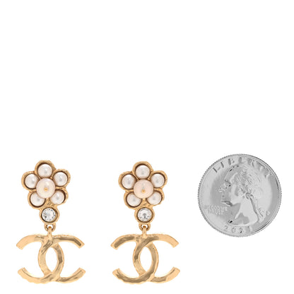 Chanel Pearl Crystal CC Flower Drop Earrings Gold White 2 of 5