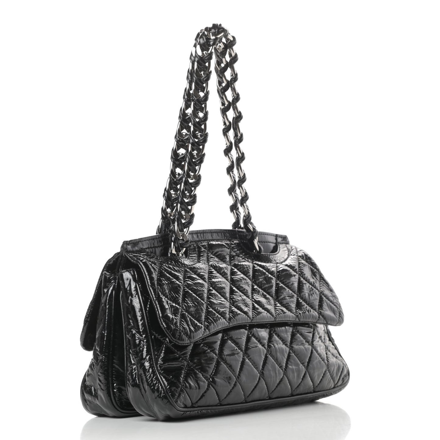 Patent Quilted Day Glo Flap Bag Black