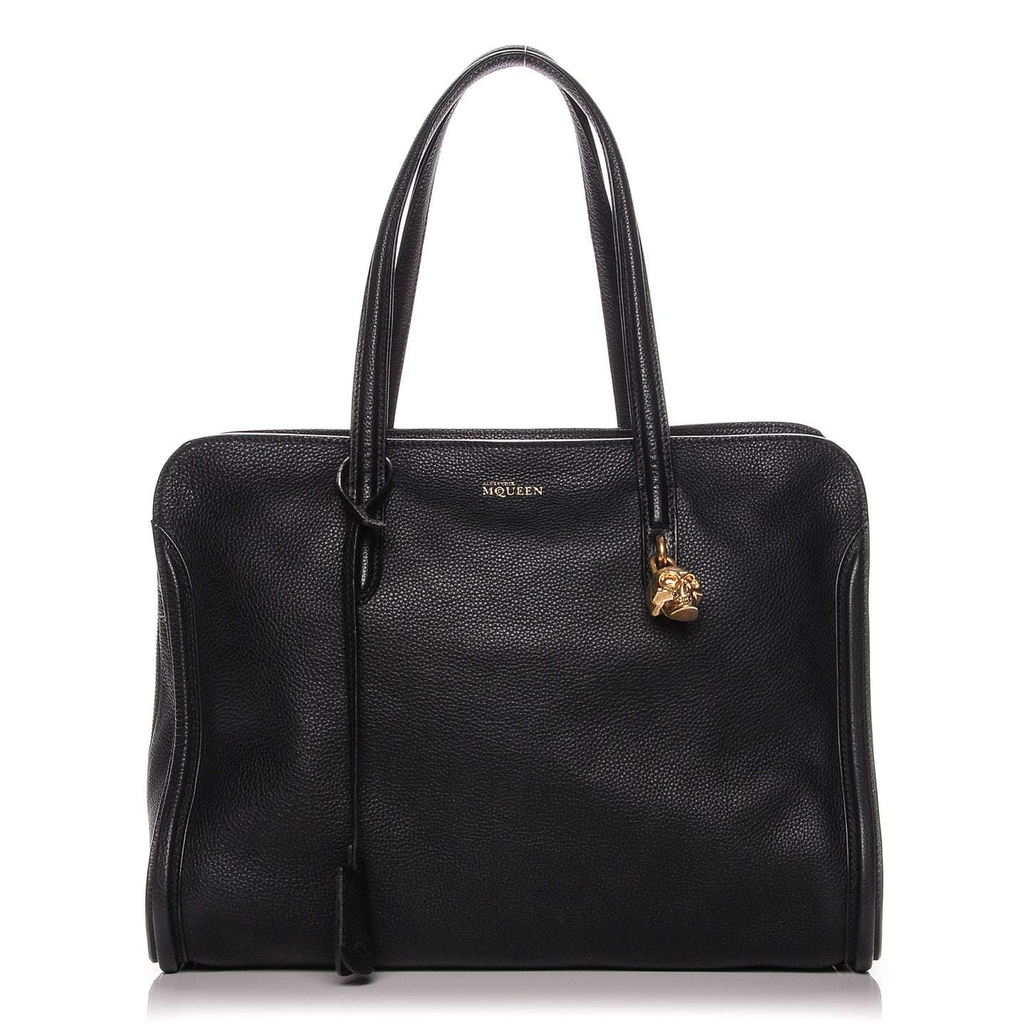 Pebbled Calfskin Large Skull Padlock Zip Around Tote Black