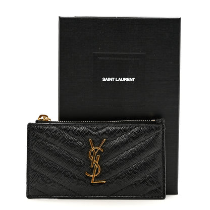 Saint Laurent Grain De Poudre Matelasse Chevron Monogram Fragments Zippered Card Case Black 6 of 6