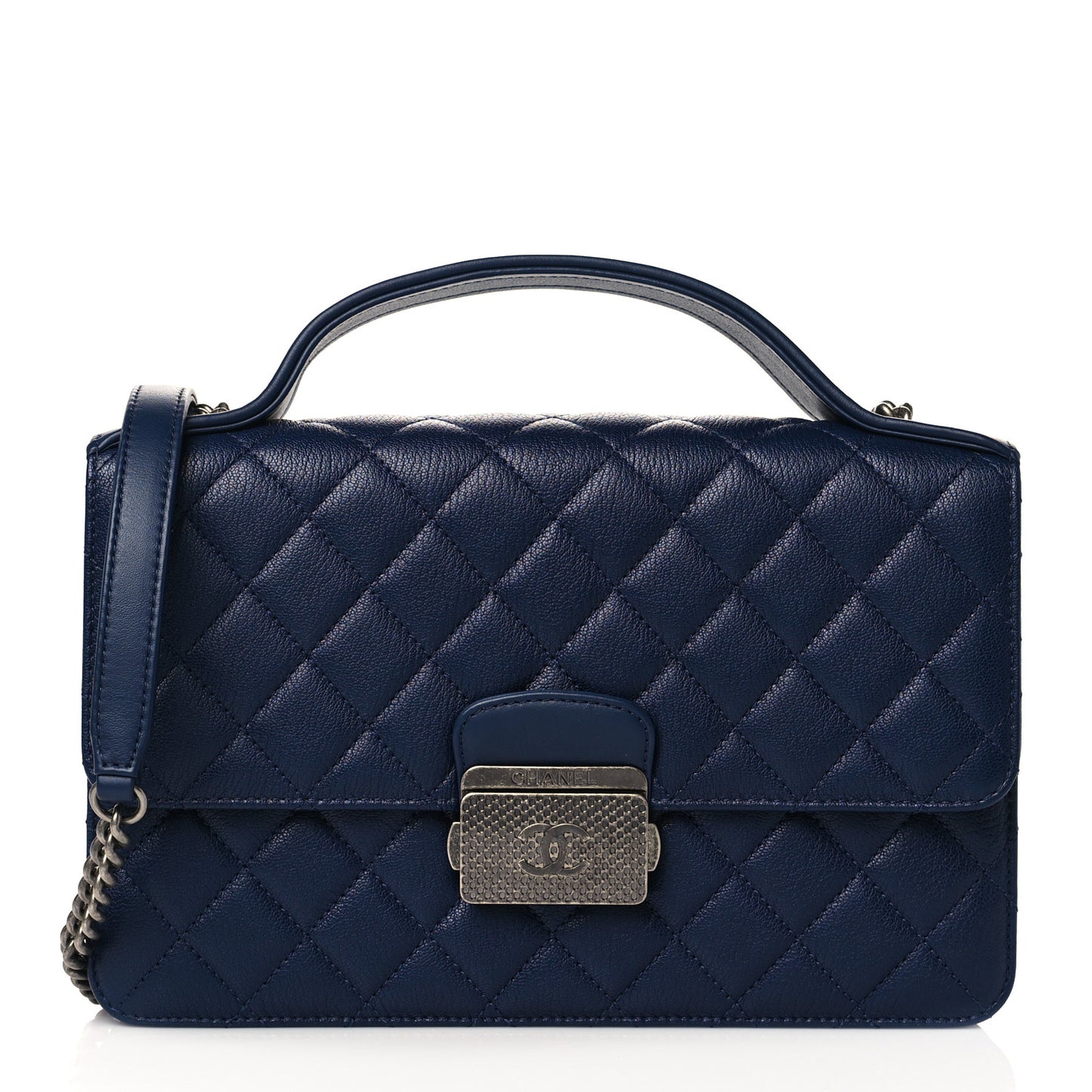 Goatskin Quilted Small CC University Top Handle Flap Blue