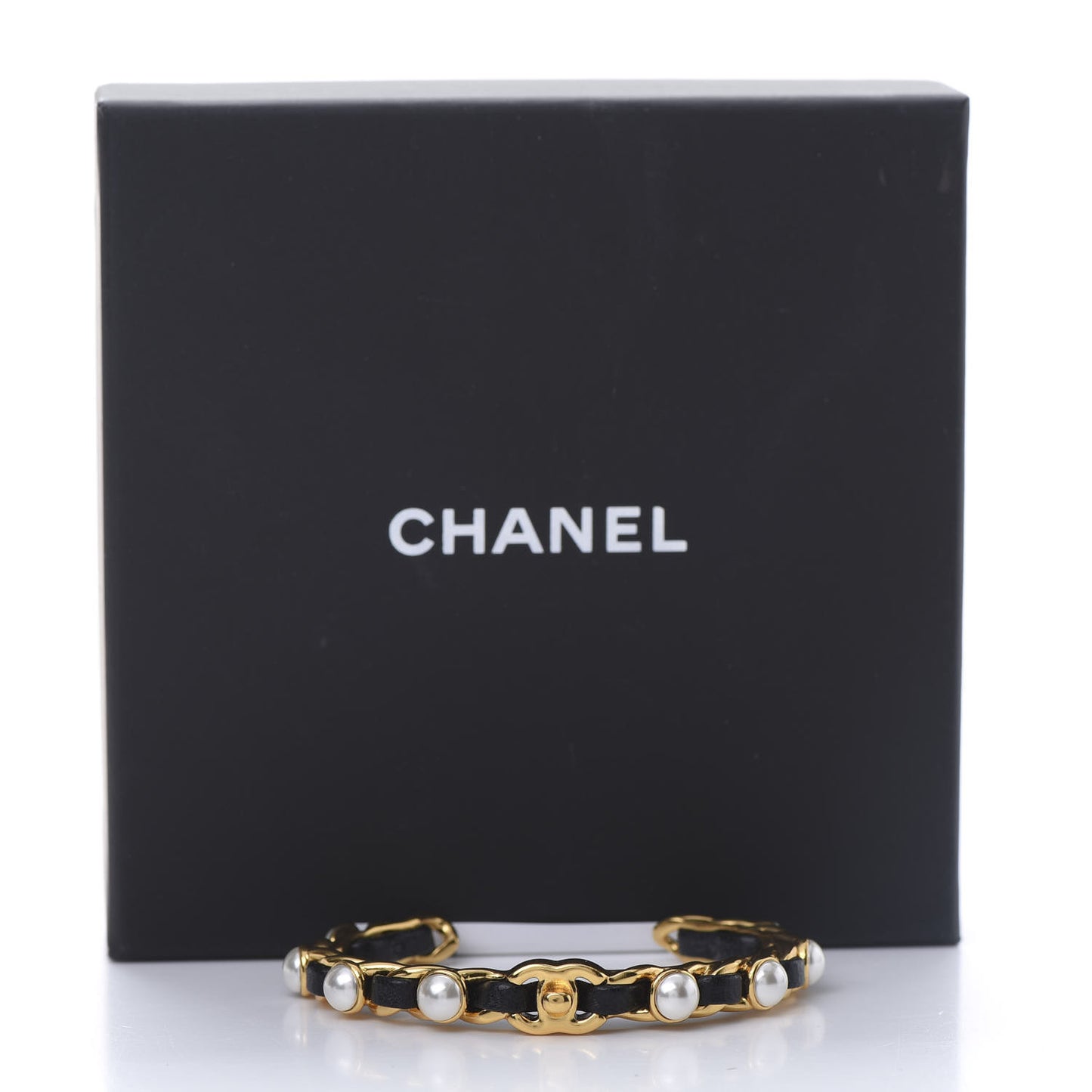 Lambskin Pearl CC Cuff Bracelet Black Gold