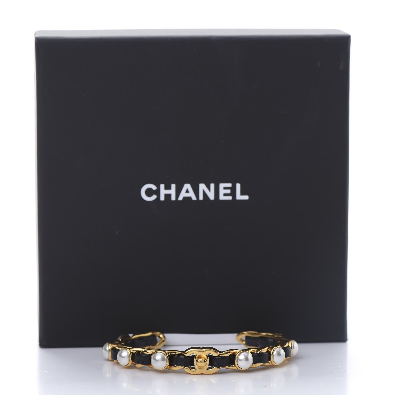 Chanel Lambskin Pearl CC Cuff Bracelet Black Gold 5 of 5