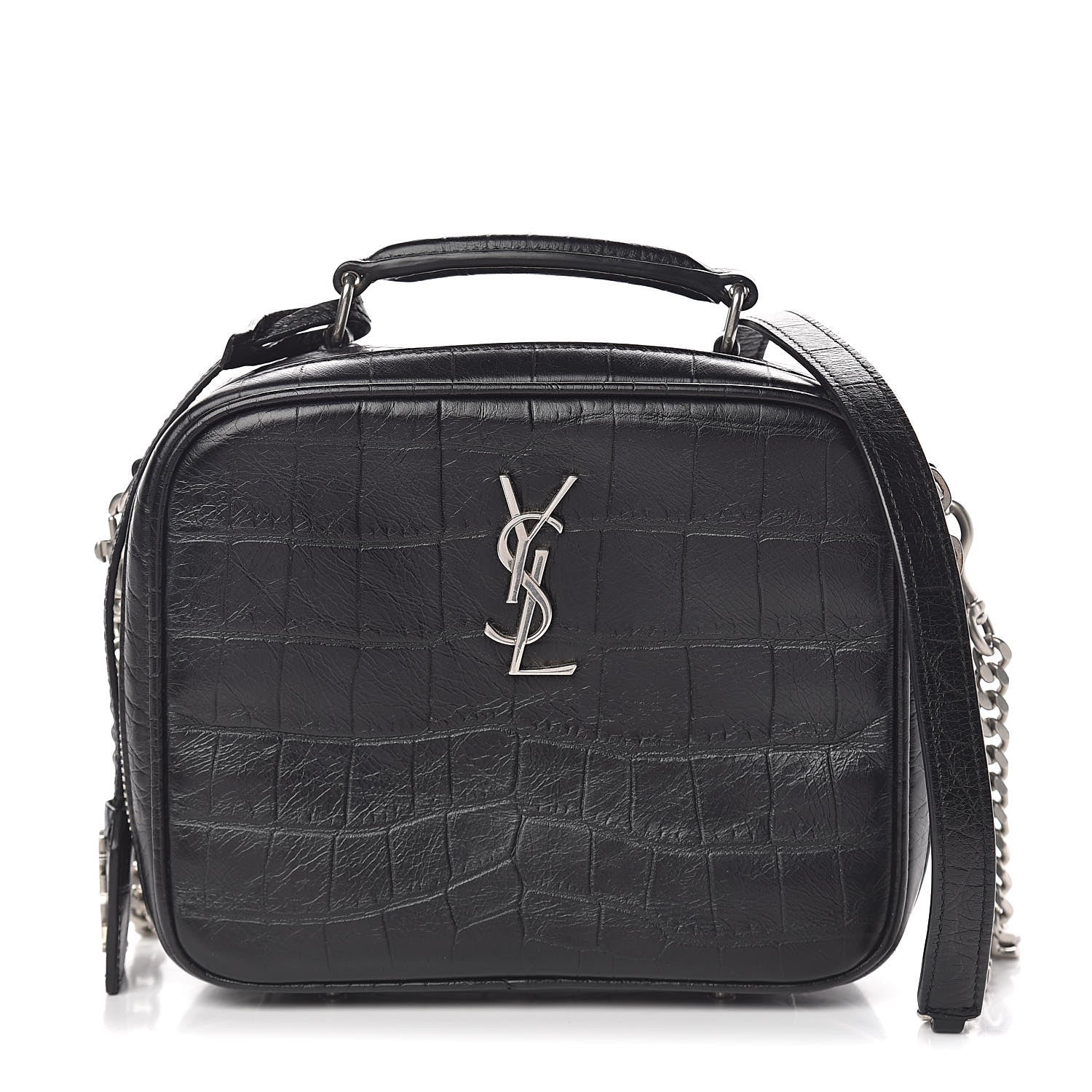 Saint Laurent Calfskin Crocodile Embossed Monogram Lunch Box Bag Black 1 of 9