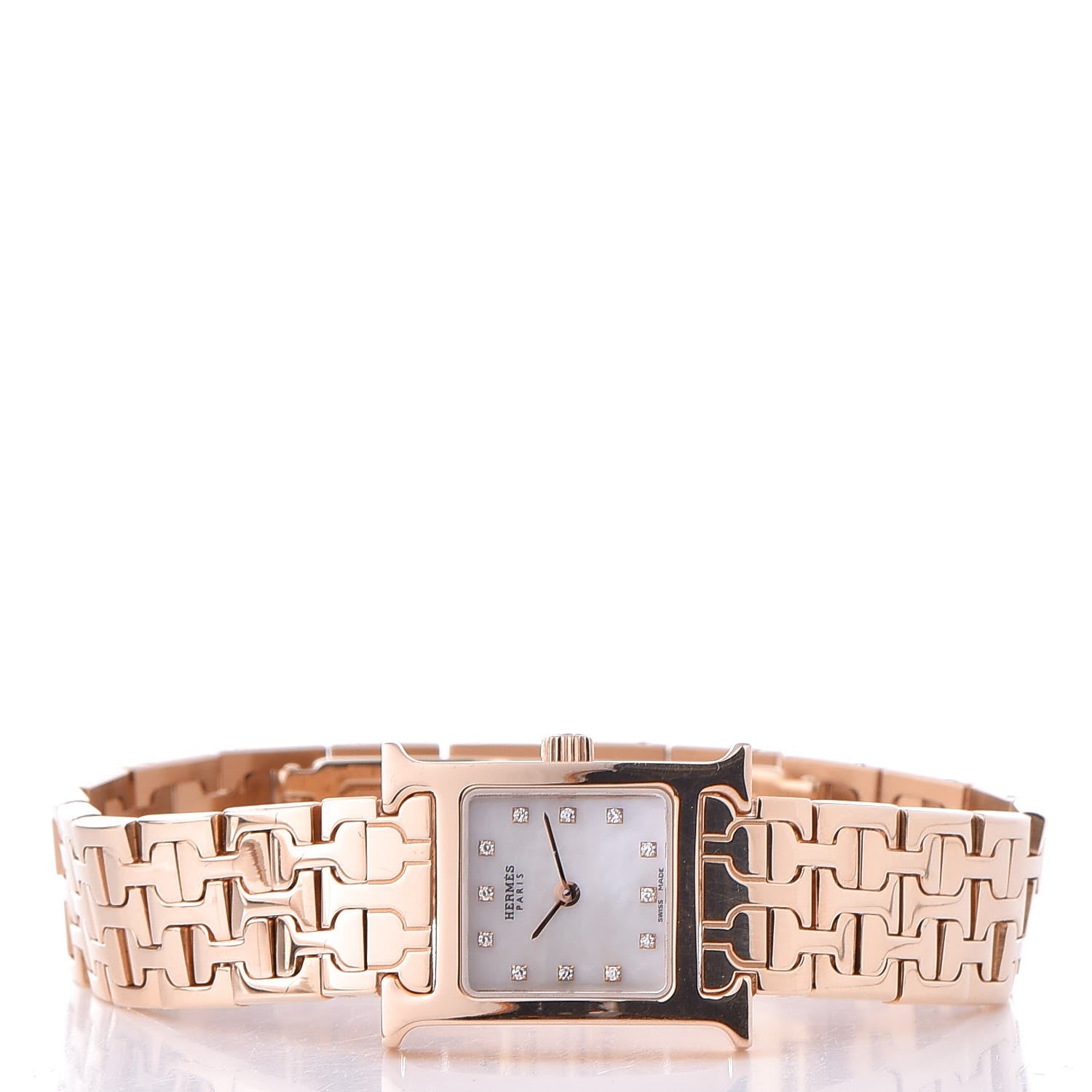 Hermes 18K Rose Gold Diamond Mother of Pearl 17.2mm Heure H Hour Quartz Watch 3 of 6