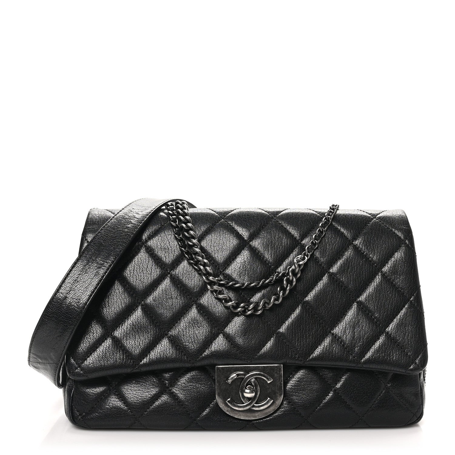 Chanel Shiny Goatskin Quilted Large Double Carry Waist Chain Flap Black 1 of 10
