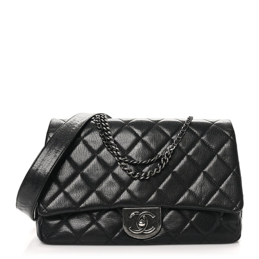 Shiny Goatskin Quilted Large Double Carry Waist Chain Flap Black