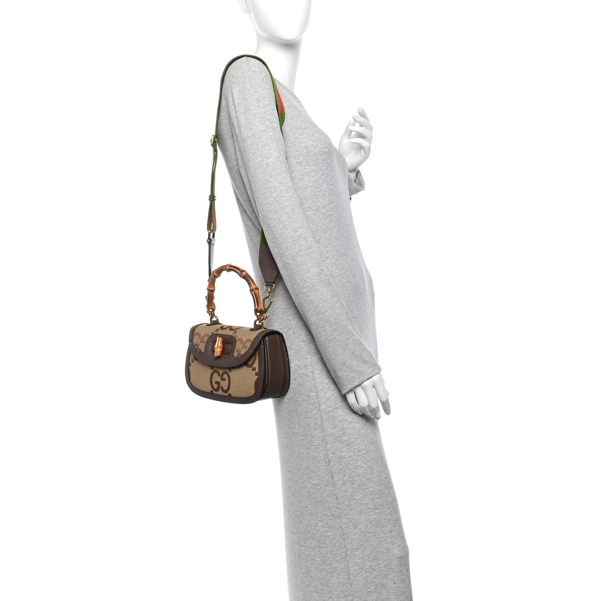 Gucci Monogram Jumbo GG Textured Dollar Calfskin Web Small Bamboo 1947 Top Handle Bag Camel Ebony New Acero 2 of 11