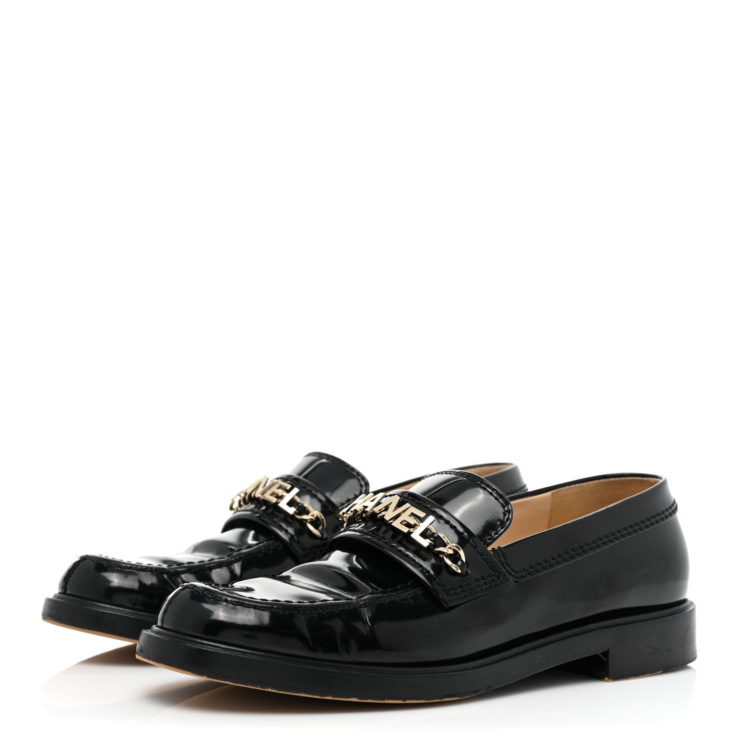 Chanel Shiny Calfskin Logo Loafers 38 Black 3 of 12