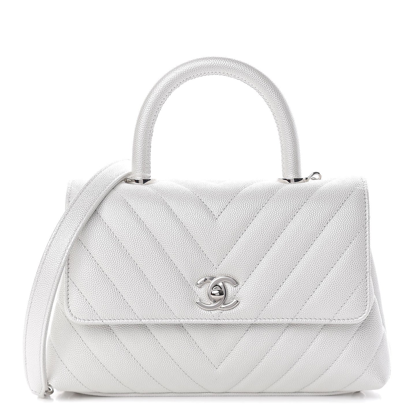 Iridescent Caviar Chevron Quilted Mini Coco Handle Flap White
