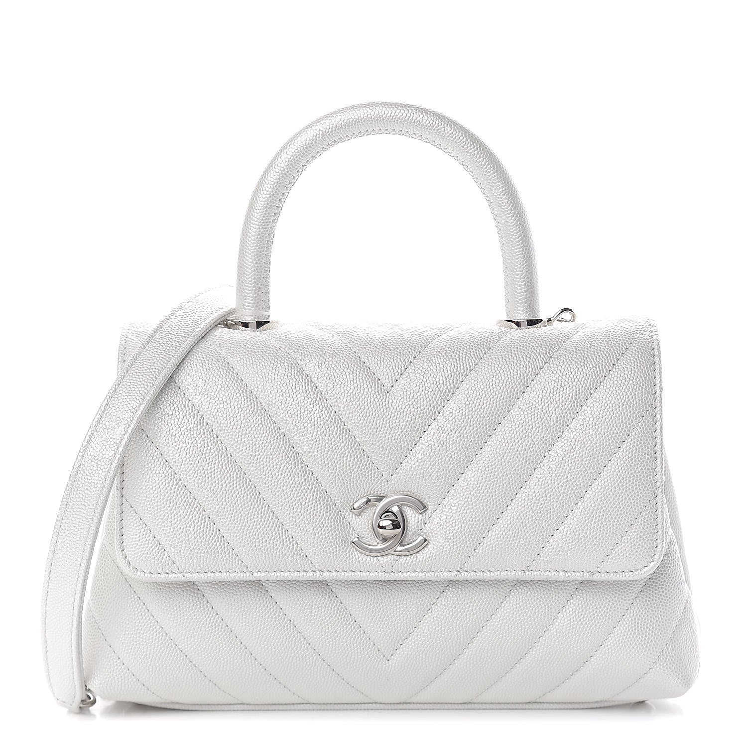 Chanel Iridescent Caviar Chevron Quilted Mini Coco Handle Flap White 1 of 11
