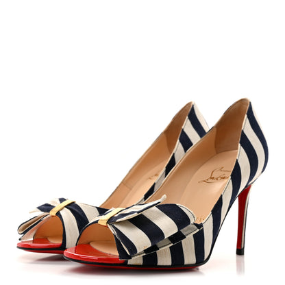 Christian Louboutin Canvas Striped Just Soon 85 Peep Toe Pumps 35.5 Navy White 4 of 9