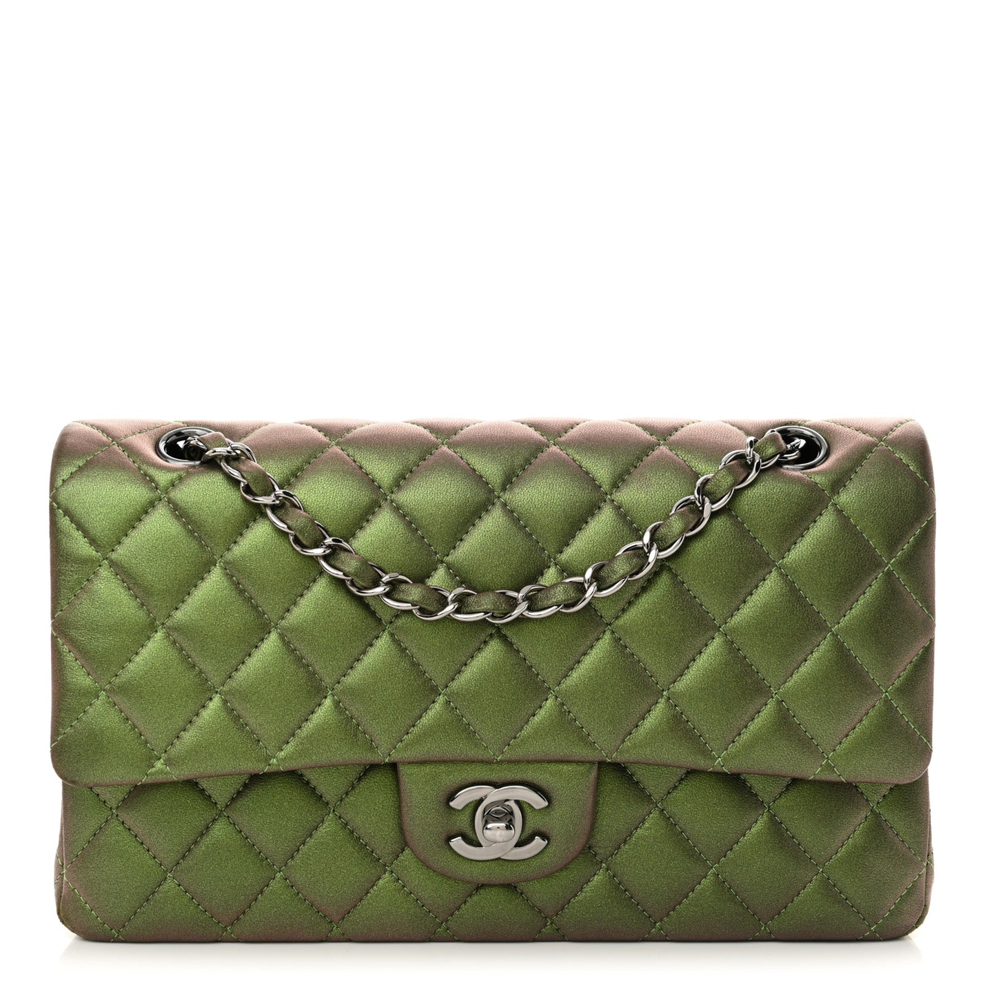Iridescent Lambskin Quilted Medium Double Flap Green