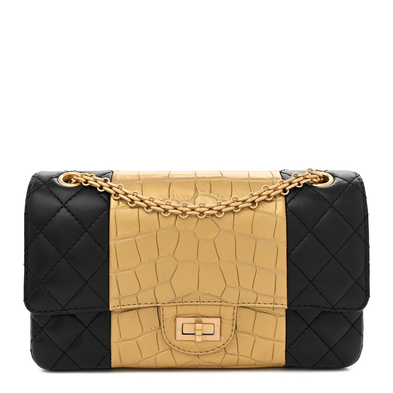 Chanel Lambskin Metallic Calfskin Crocodile Embossed 2.55 Reissue 225 Flap Black Gold 1 of 12
