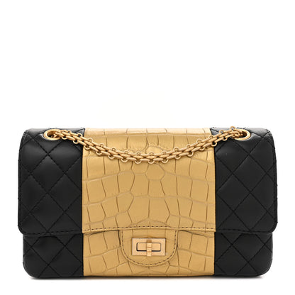 Chanel Lambskin Metallic Calfskin Crocodile Embossed 2.55 Reissue 225 Flap Black Gold 1 of 12