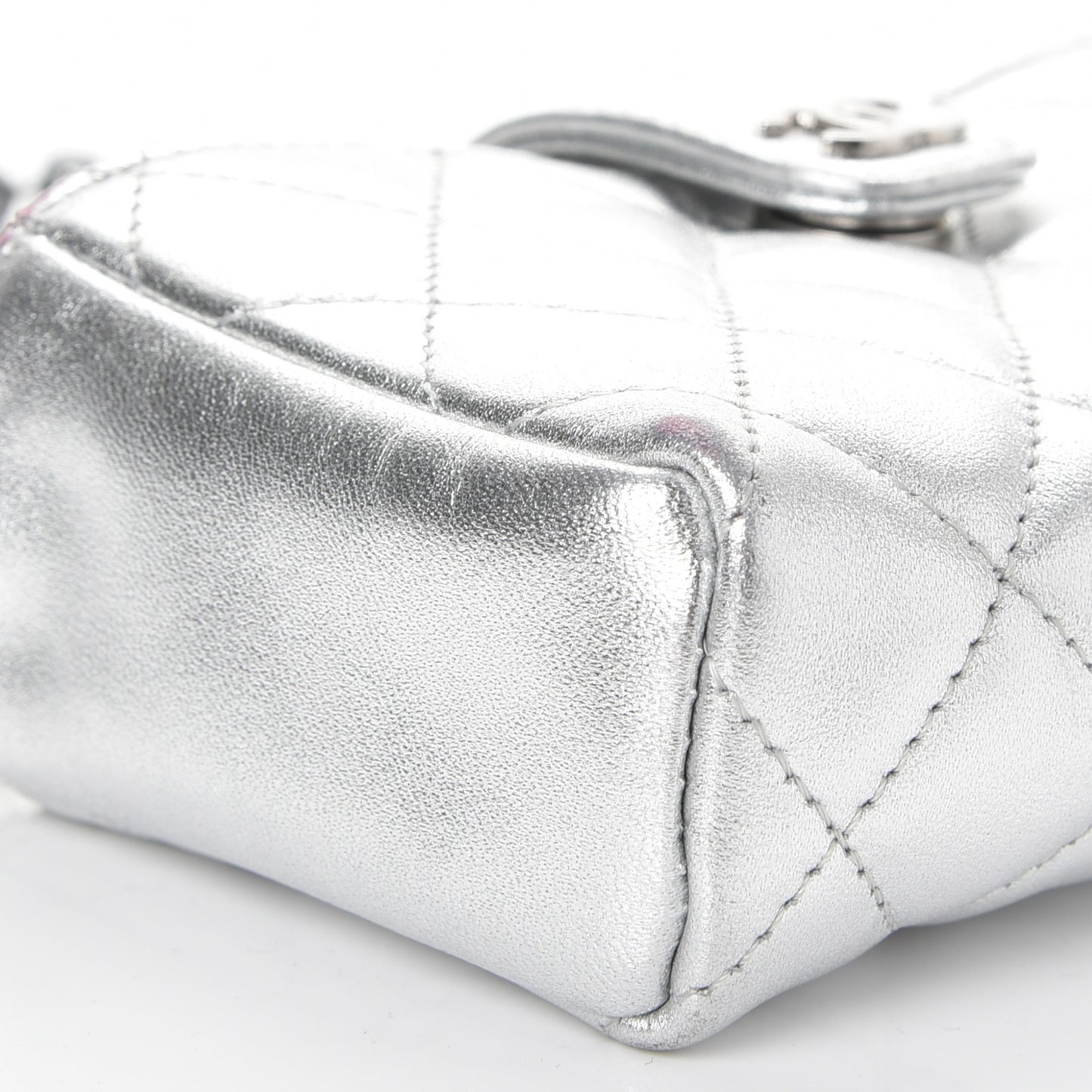 Metallic Lambskin Quilted Pearl Chain Mini Love Symbols Bag Silver