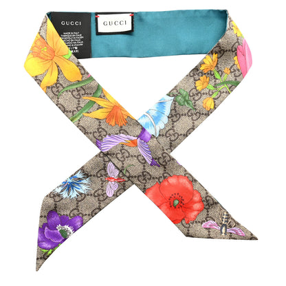 Gucci Silk Twill GG Monogram Special Flory Neck Bow Scarf Beige Sky Blue 1 of 4