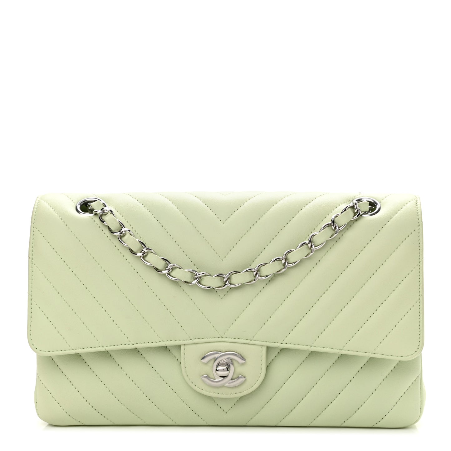 Calfskin Chevron Quilted Medium Double Flap Light Green