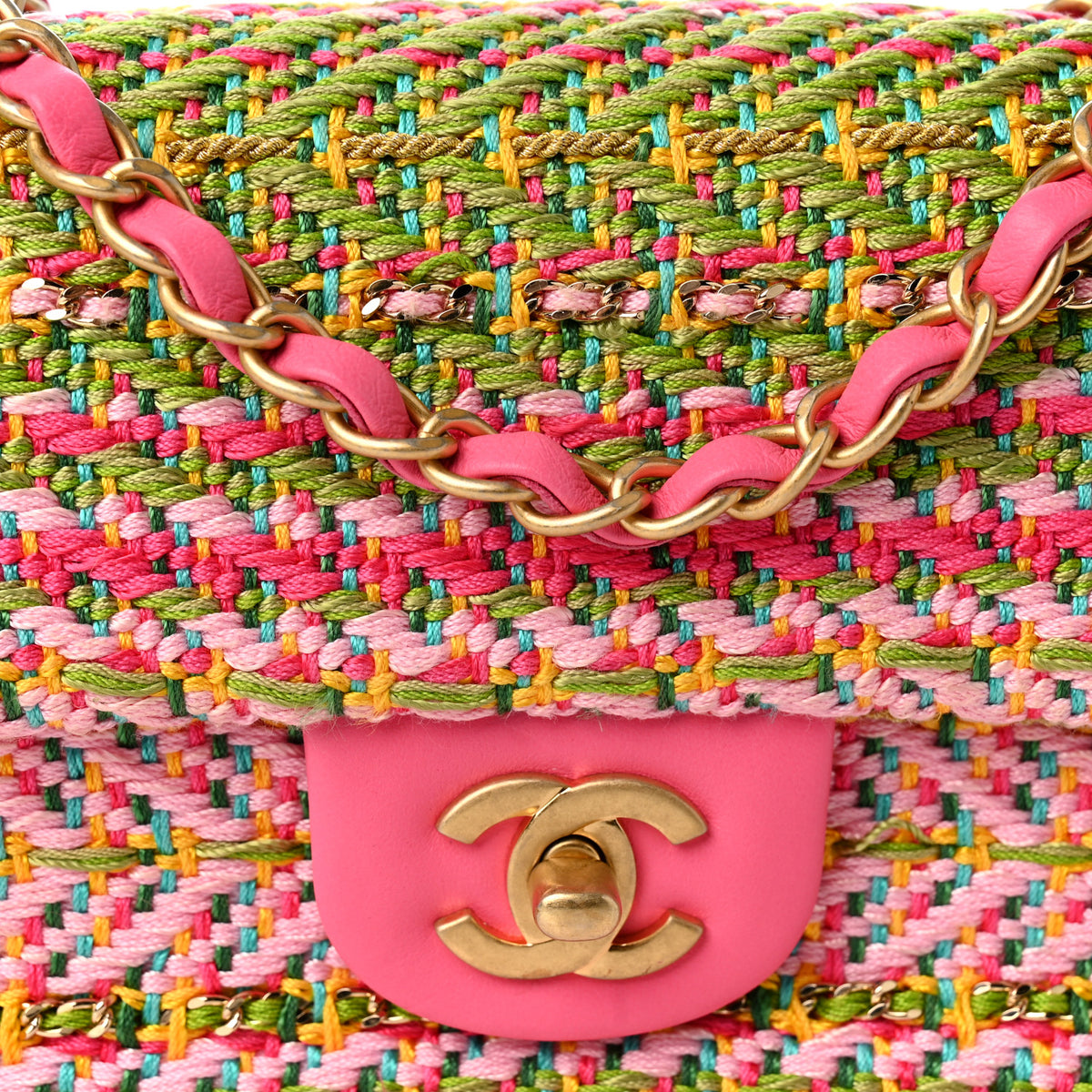 Chanel Cotton Mixed Fibers Woven Mini Rectangular Flap Pink Green 8 of 12