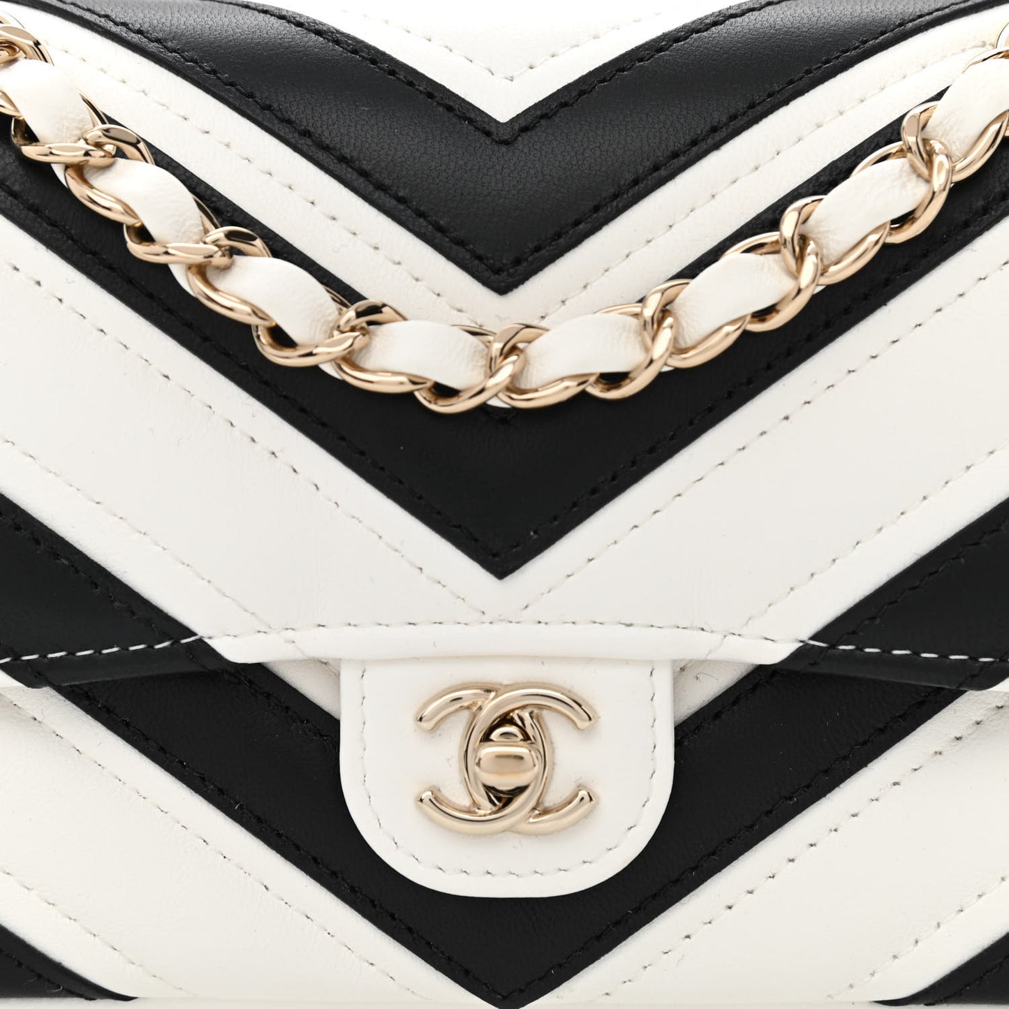 Lambskin Chevron Stitched Flap White Black