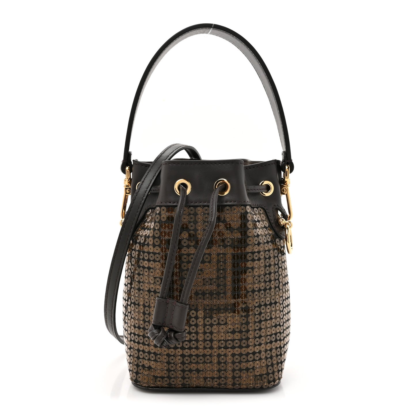 Fabric Jacquard Paillettes Vitello Seta FF 1974 Embroidered Mini Mon Tresor Bucket Bag Tobacco Moro