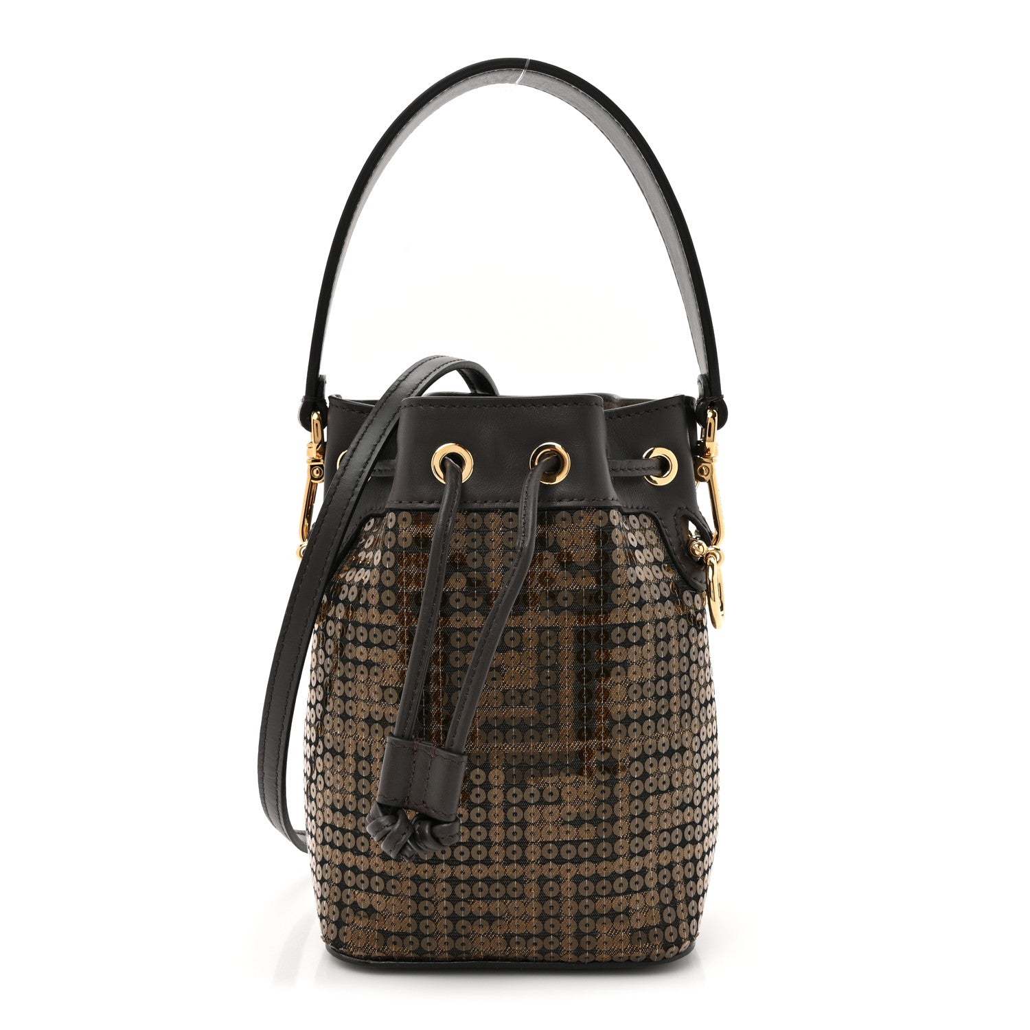 Fendi Fabric Jacquard Paillettes Vitello Seta FF 1974 Embroidered Mini Mon Tresor Bucket Bag Tobacco Moro 1 of 11