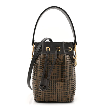 Fendi Fabric Jacquard Paillettes Vitello Seta FF 1974 Embroidered Mini Mon Tresor Bucket Bag Tobacco Moro 1 of 11