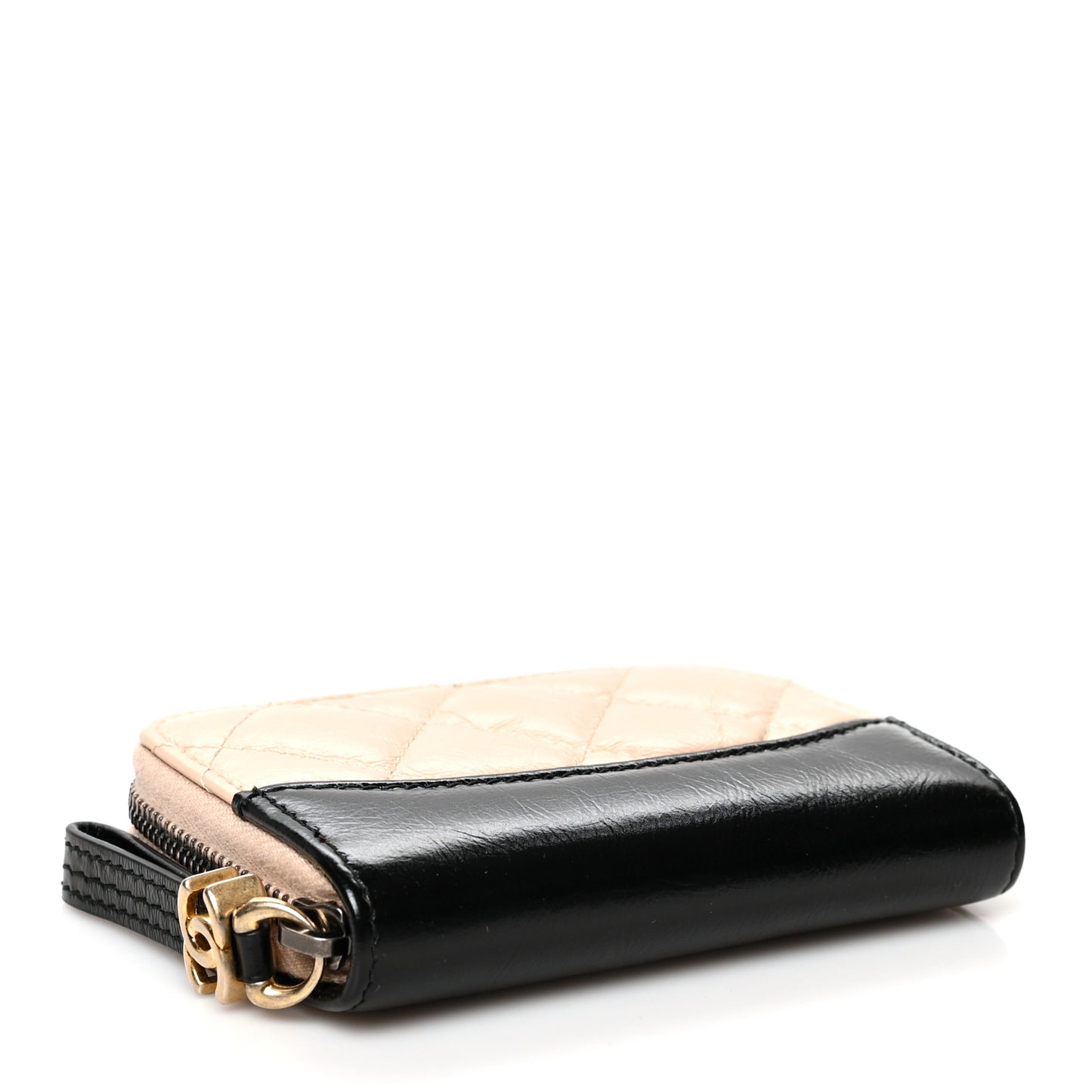 Aged Calfskin Quilted Gabrielle Zip Around Coin Purse Wallet Beige Black
