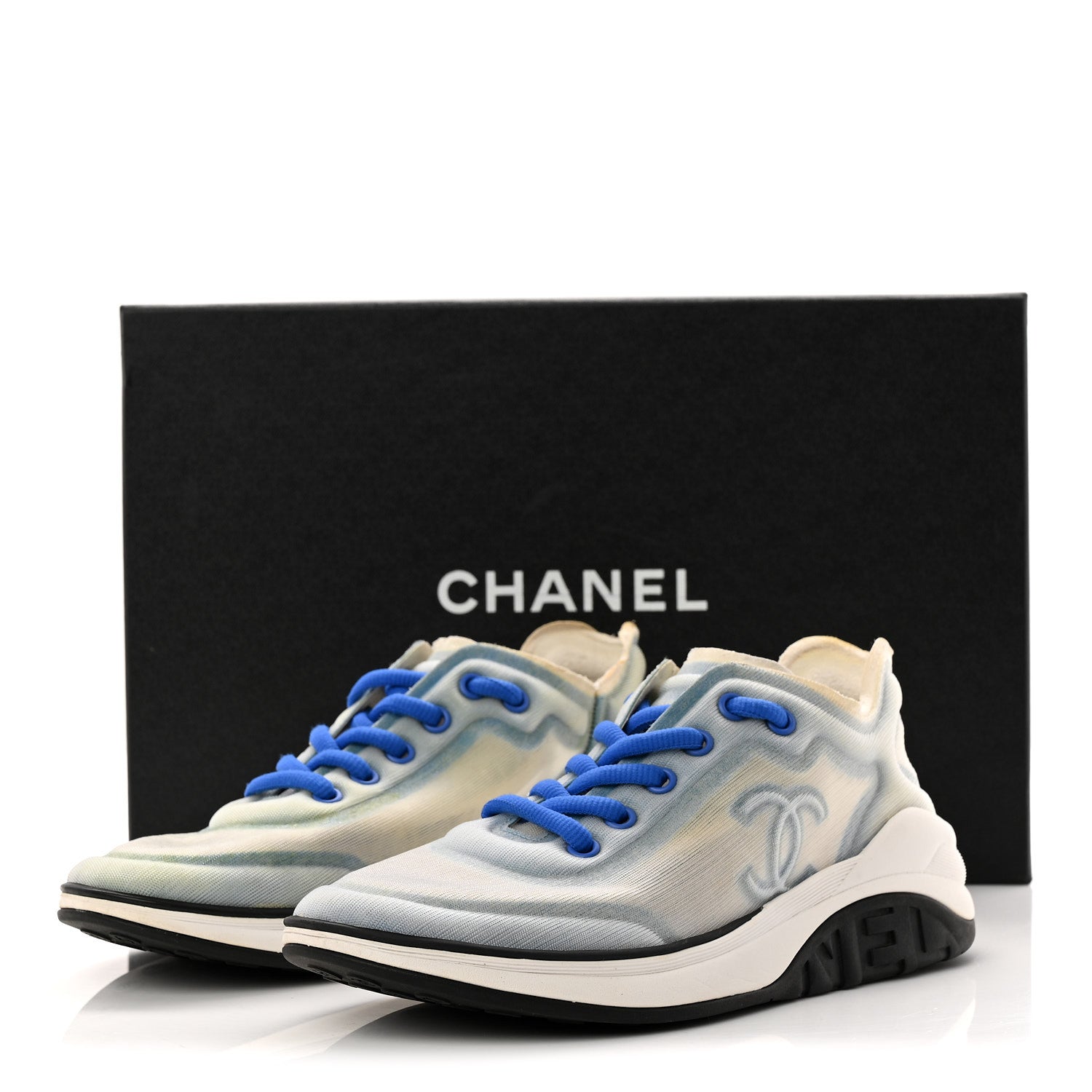Chanel Calfskin Mesh Lyrca Womens Logo Sneakers 36 White Blue 9 of 9