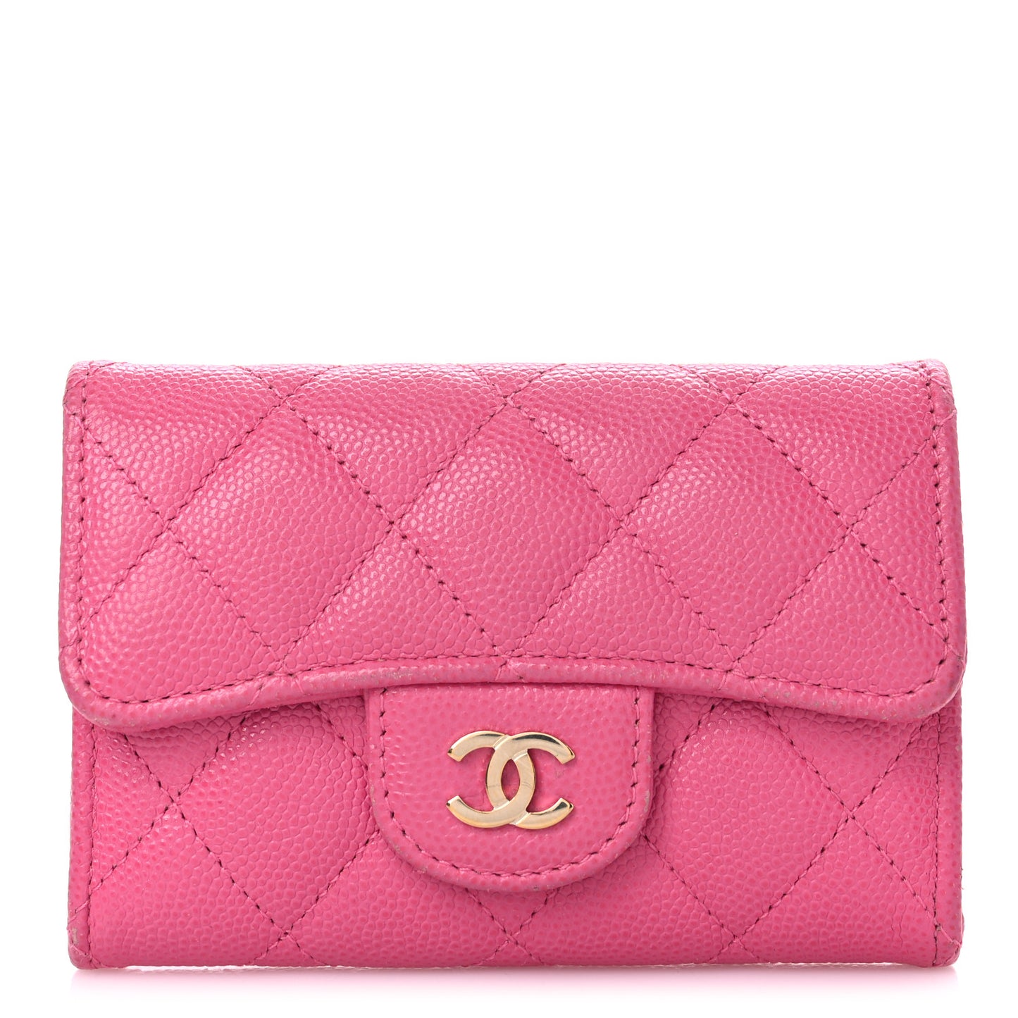 Caviar Quilted Flap Card Holder Wallet Pink