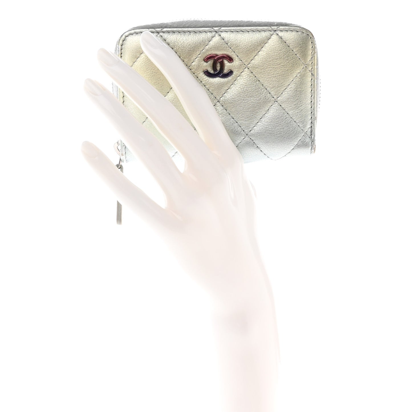 Gradient Metallic Calfskin Quilted Zip Around Coin Purse Wallet Silver Blue Yellow Purple