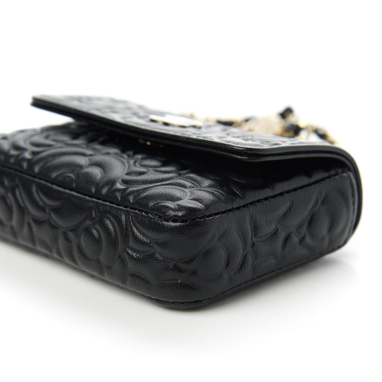 Lambskin Camellia Embossed Chain Belt Bag Black