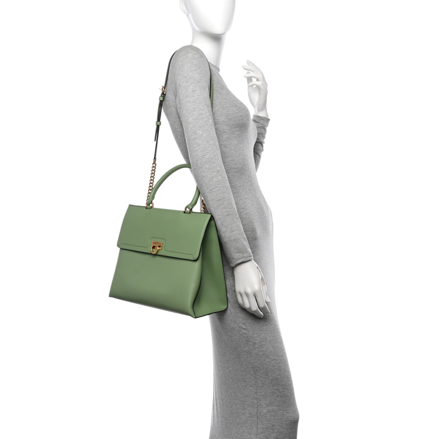 Salvatore Ferragamo Calfskin Gancini Large Trifolio Top Handle Bag Sage Green 2 of 11