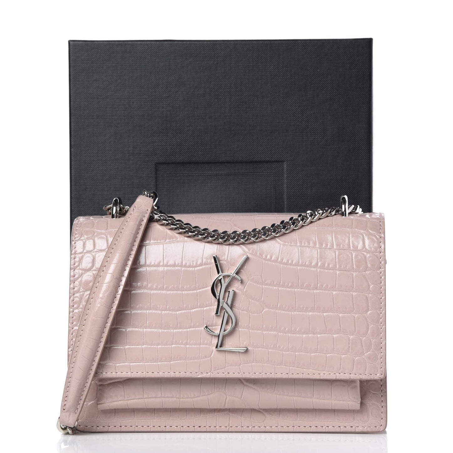 Calfskin Crocodile Embossed Monogram Sunset Chain Wallet Rose Antic
