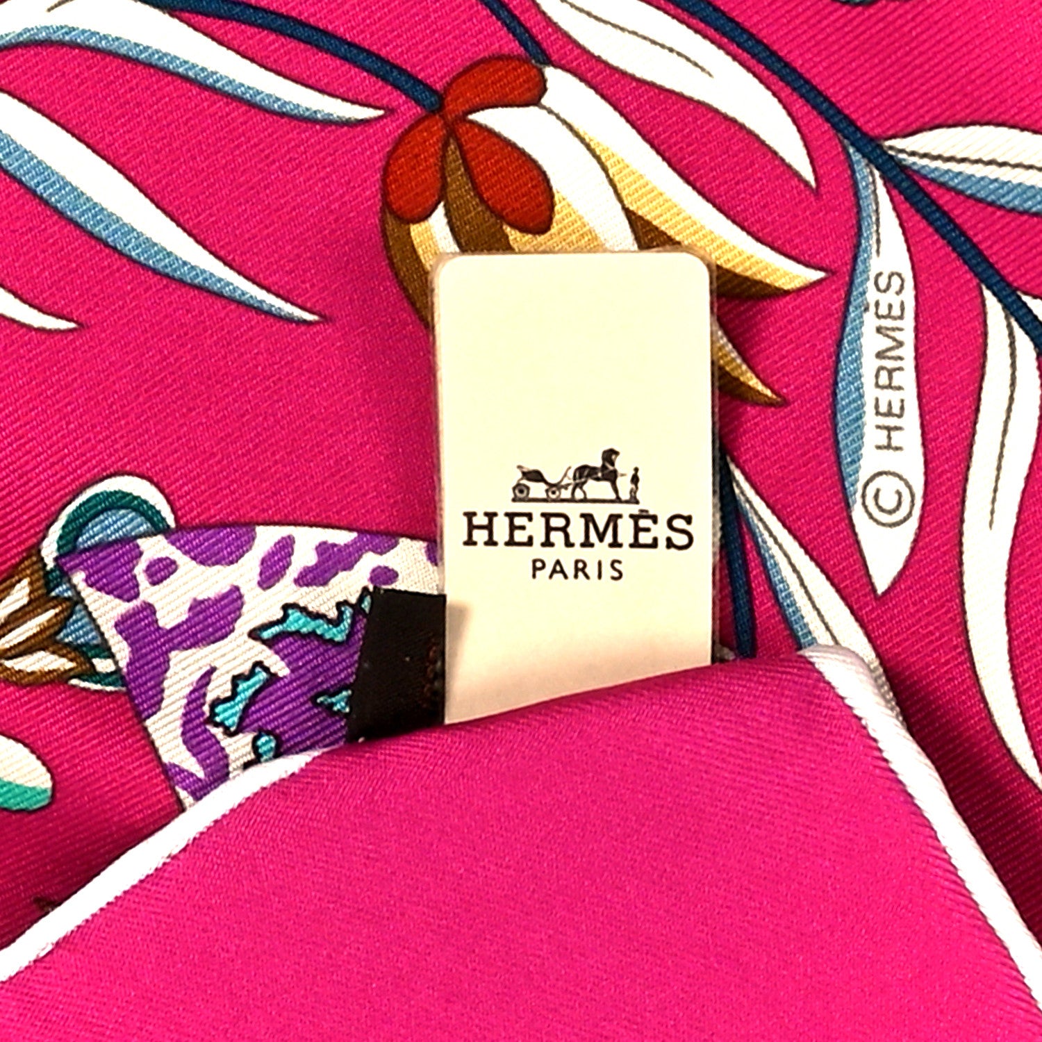 Hermes Silk Fleurs et Papillons de Tissus Scarf 90 Fuchsia Turquoise Creme 3 of 3