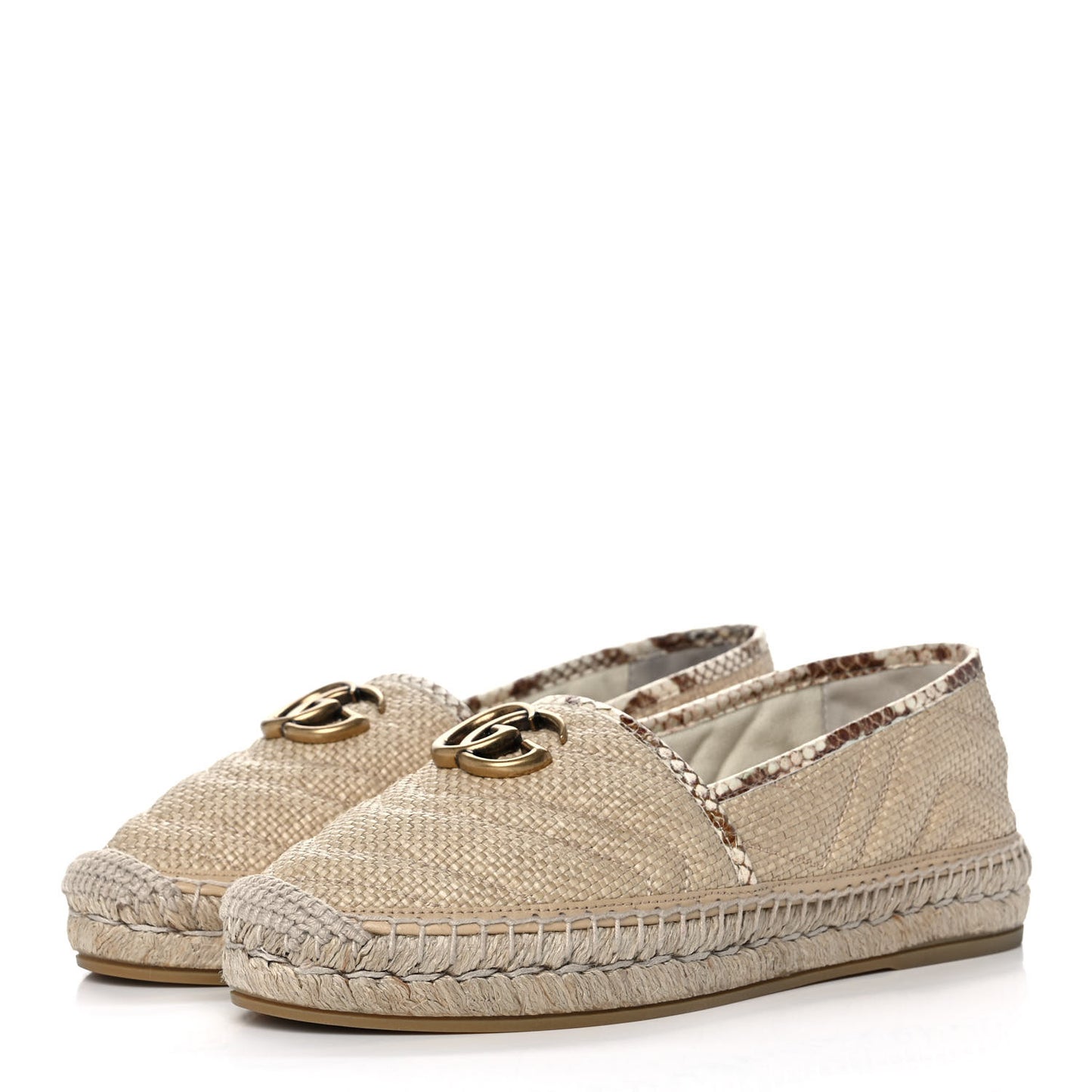 Straw Elaphe Matelasse GG Marmont Espadrilles 38 Natural Cream Brown
