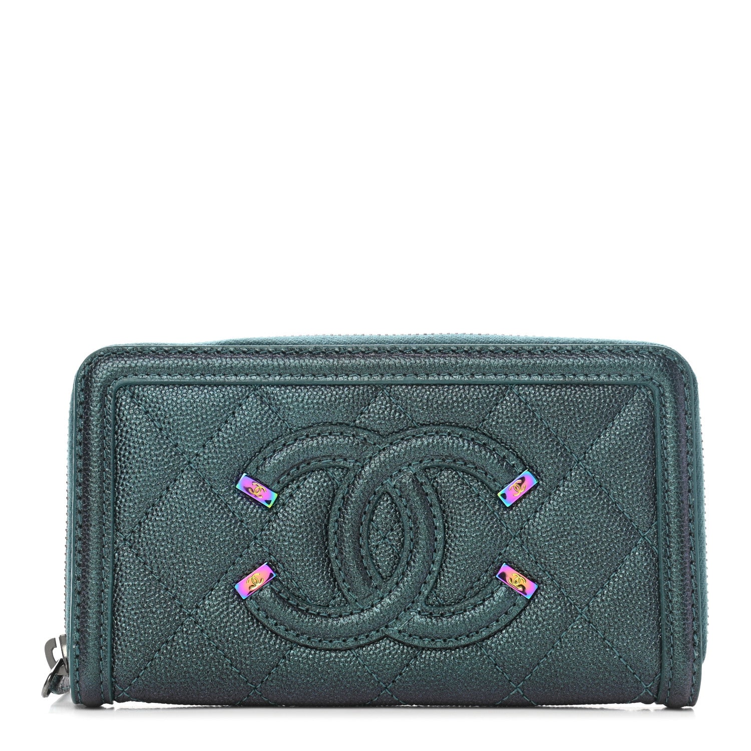 Chanel Iridescent Caviar Quilted Medium Filigree Zip Around Wallet Dark Turquoise 1 of 8