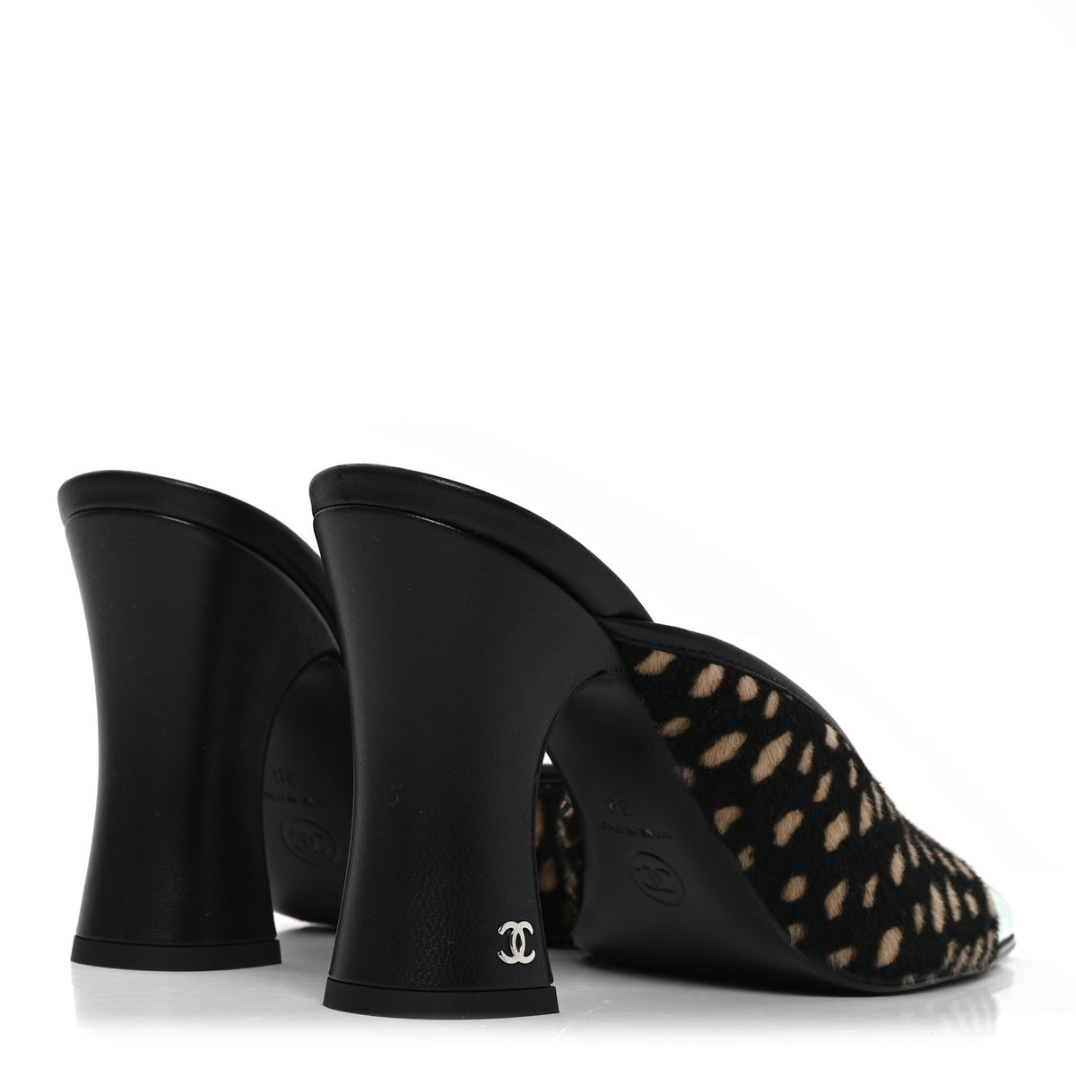 Pony Hair Lambskin Patent Calfskin Cap Toe Mules 39 Black White Green